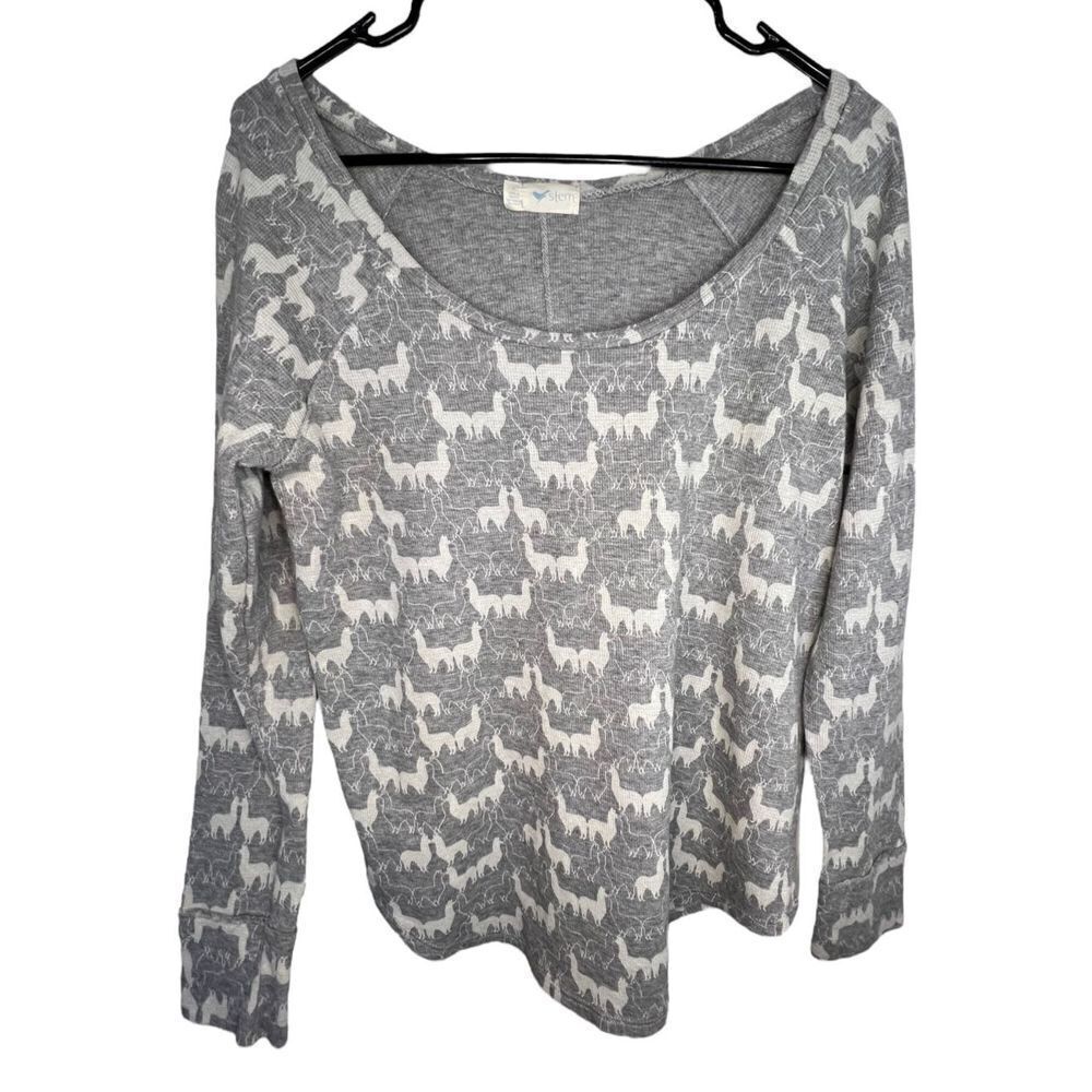 Stem Llama Patterned White and Grey Long Sleeve Thermal T-Shirt